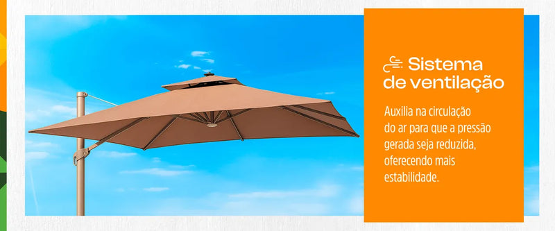 (MEGA PROMOÇÃO) - Ombrelone Parnaso Guarda Sol Gold Led Alumínio 3,0 x 3,0 C/ Base em 100 L